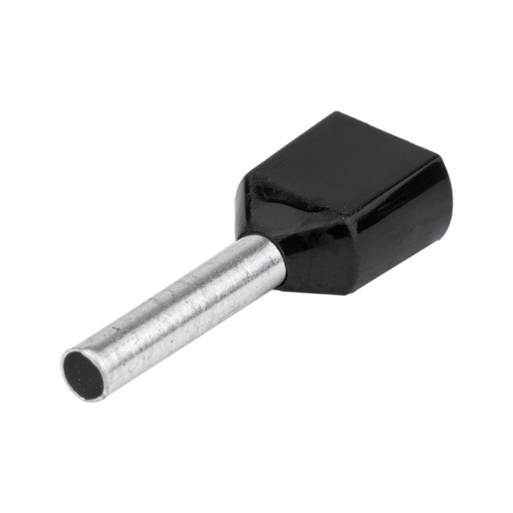 Szigetelt (PA6.6) iker-érvéghüvely, ónozott elektrolitréz, fekete, 2x1,5mm2, L=12mm