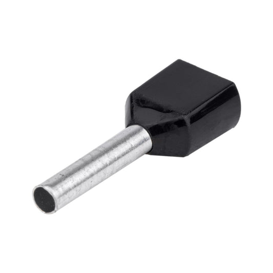 Szigetelt (PA6.6) iker-érvéghüvely, ónozott elektrolitréz, fekete, 2x1,5mm2, L=12mm